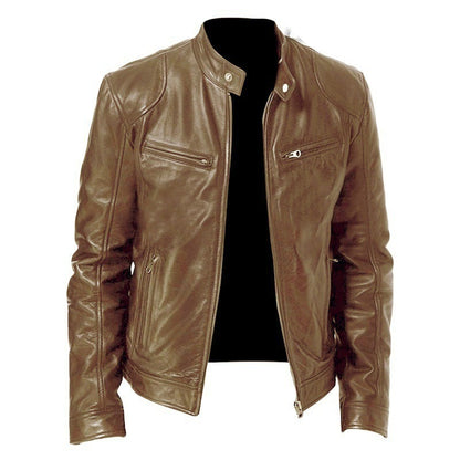 Men’s Zip-Up PU Leather Jacket – Short Fashion Jacket with Stand Collar