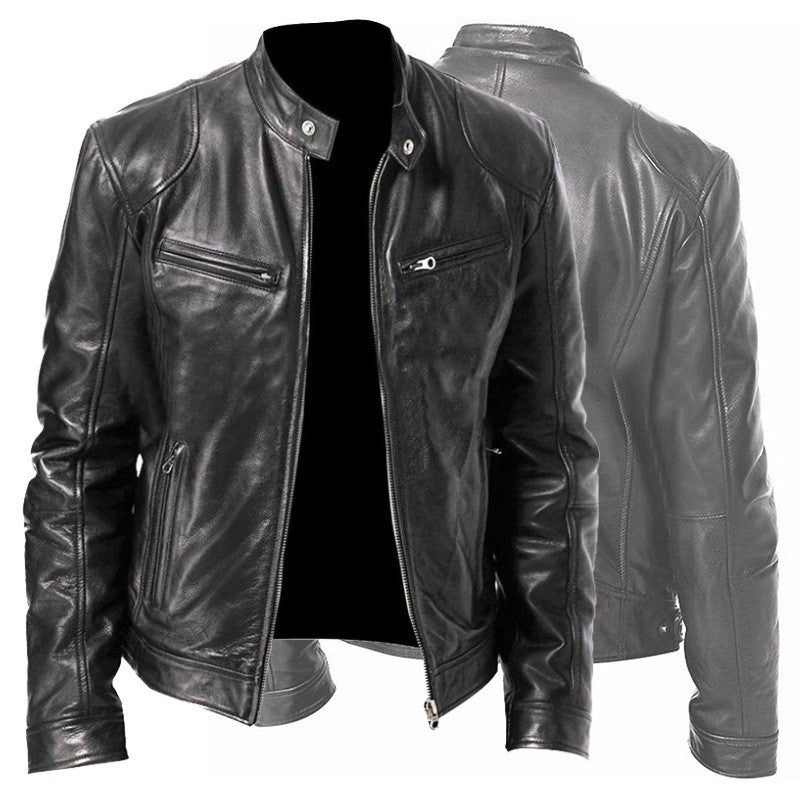 Men’s Zip-Up PU Leather Jacket – Short Fashion Jacket with Stand Collar