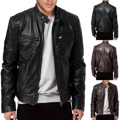 Men’s Zip-Up PU Leather Jacket – Short Fashion Jacket with Stand Collar