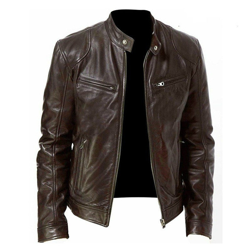 Men’s Zip-Up PU Leather Jacket – Short Fashion Jacket with Stand Collar