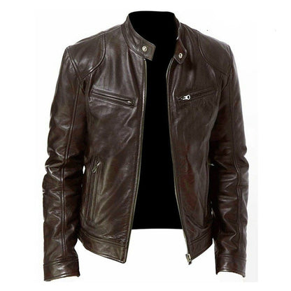 Men’s Zip-Up PU Leather Jacket – Short Fashion Jacket with Stand Collar