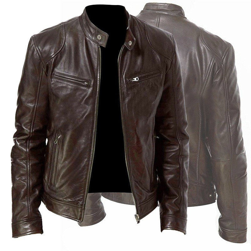 Men’s Zip-Up PU Leather Jacket – Short Fashion Jacket with Stand Collar