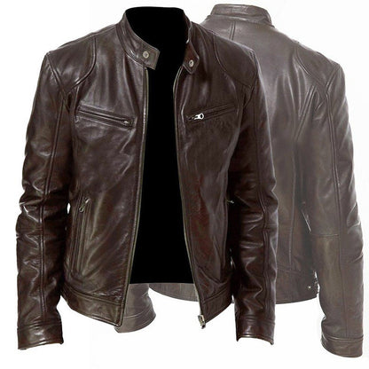 Men’s Zip-Up PU Leather Jacket – Short Fashion Jacket with Stand Collar
