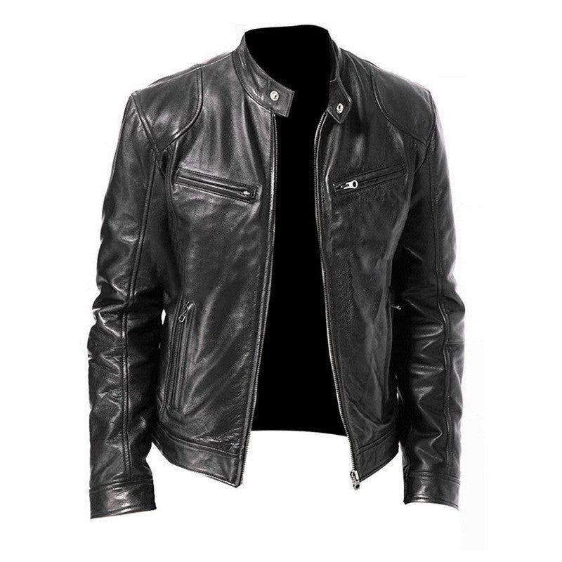 Men’s Zip-Up PU Leather Jacket – Short Fashion Jacket with Stand Collar