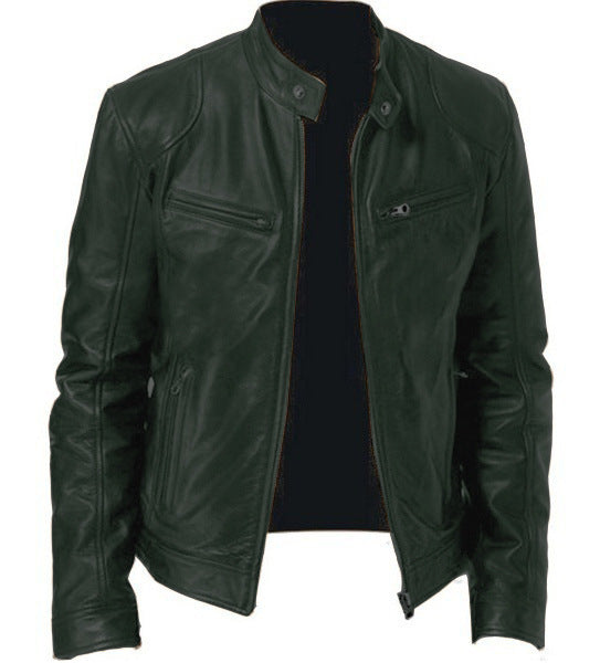Men’s Zip-Up PU Leather Jacket – Short Fashion Jacket with Stand Collar