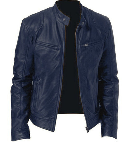 Men’s Zip-Up PU Leather Jacket – Short Fashion Jacket with Stand Collar