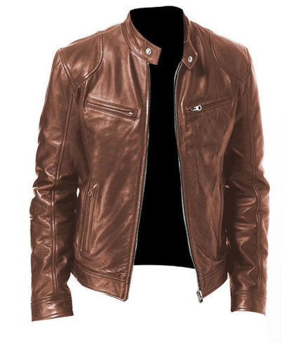 Men’s Zip-Up PU Leather Jacket – Short Fashion Jacket with Stand Collar