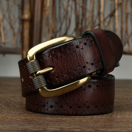 Genuine First-Layer Cowhide Pin Buckle Belt | Hollow Out Design Men's Casual Jeans Belt